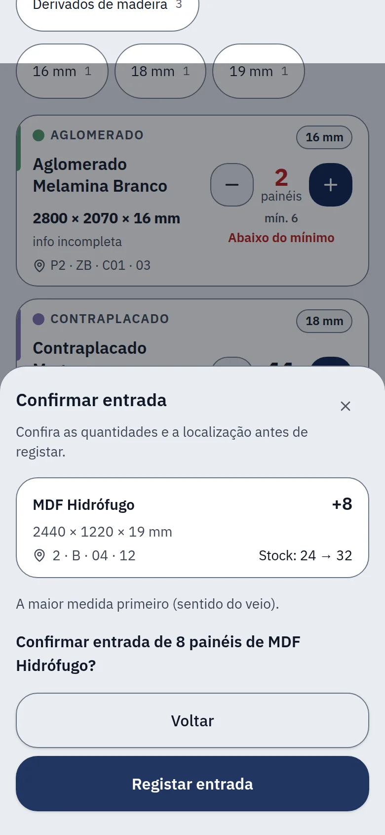 Ecrã «+ Entrou encomenda» do PainelLog, com dados de exemplo