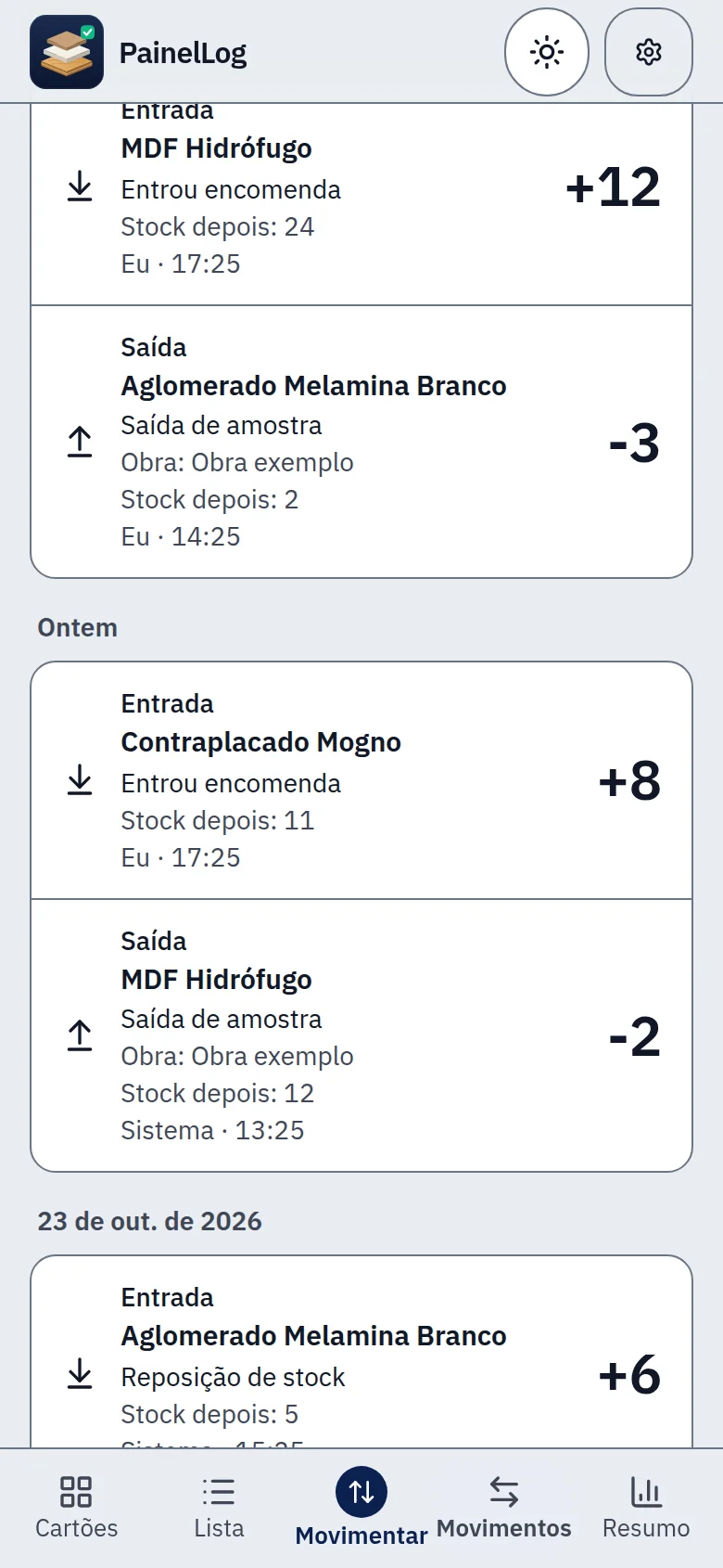 Ecrã «Movimentos» do PainelLog, com dados de exemplo