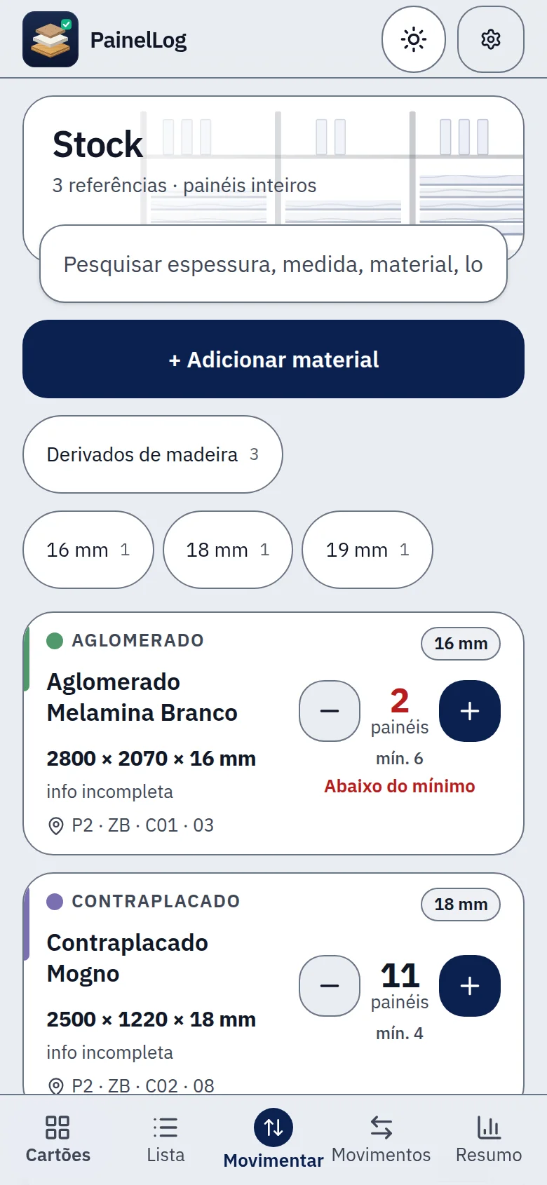 Ecrã «Lista de stock» do PainelLog, com dados de exemplo