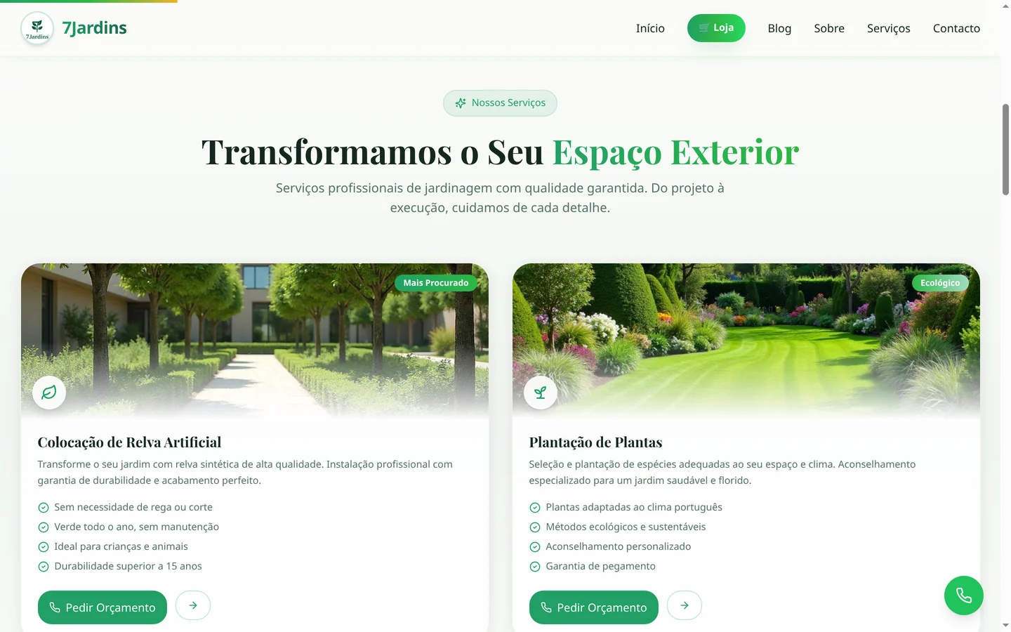 Serviços do website 7Jardins: relva artificial, plantação e manutenção.