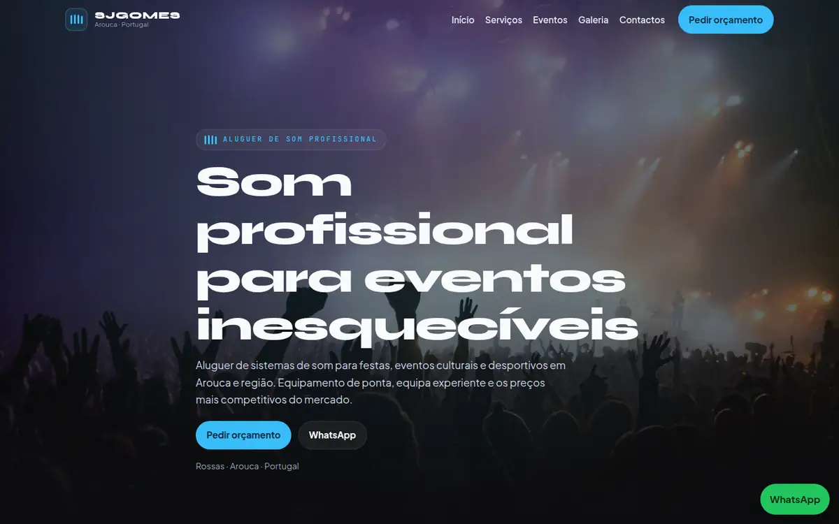 Página inicial do website SjGomes Sistemas de Som, aluguer de som para eventos.